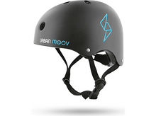 Charger l&#39;image dans la galerie, Casque noir avec sangles noires, logo bleu et texte Urban Moov.
