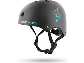 Casque noir avec sangles noires, logo bleu et texte Urban Moov.