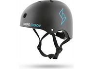 Casque noir avec sangles noires, logo bleu et texte Urban Moov.