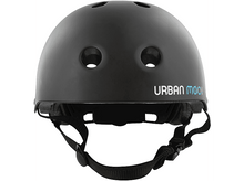 Charger l&#39;image dans la galerie, Casque urban moov noir avec marquage blanc et bleu clair.

