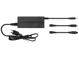Adaptateur secteur noir avec câbles et connecteurs.
