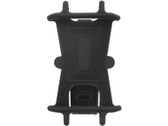 Support de téléphone noir. Il est conçu pour tenir un téléphone et a une forme rectangulaire avec une surface à motifs.