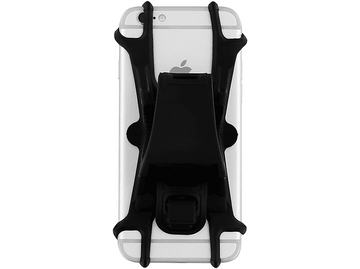 Un iPhone blanc avec un support de téléphone noir attaché.