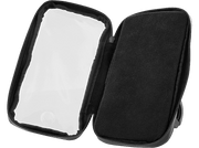 Étui rectangulaire noir zippé. Ouvert, montrant une doublure intérieure douce et noire.