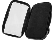 Étui rectangulaire noir zippé. Ouvert, montrant une doublure intérieure douce et noire.