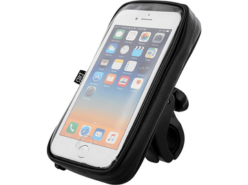 Un smartphone dans un étui noir, monté sur un guidon de vélo. L'écran affiche des icônes d'applications.