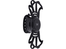 Un support de téléphone noir pour voiture, avec un centre circulaire et des bras noirs. Il est sur fond noir.