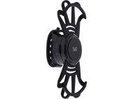 Un support de téléphone noir pour voiture, avec un centre circulaire et des bras noirs. Il est sur fond noir.