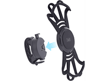 Charger l&#39;image dans la galerie, Support de téléphone noir avec support et clip, et une flèche bleue pointant vers le clip.
