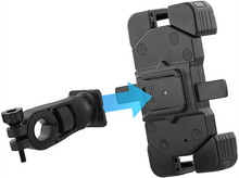 Charger l&#39;image dans la galerie, Support de téléphone de vélo, noir, avec bras réglable et flèche bleue.
