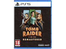 Charger l&#39;image dans la galerie, Jaquette de jeu PS5. Lara Croft en trois poses, titre &#39;Tomb Raider&#39;. Fond marron et vert.
