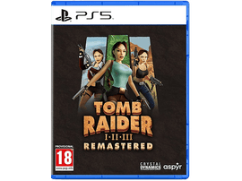 Jaquette de jeu PS5. Lara Croft en trois poses, titre 