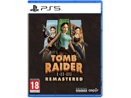 Jaquette de jeu PS5. Lara Croft en trois poses, titre 'Tomb Raider'. Fond marron et vert.