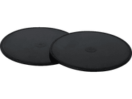 Deux objets ronds noirs, probablement des dessous de verre, sont sur un fond blanc.