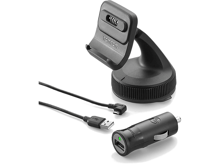 Support de voiture GPS TomTom avec chargeur et câble. Tous les éléments sont noirs.