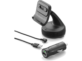 Support de voiture GPS TomTom avec chargeur et câble. Tous les éléments sont noirs.