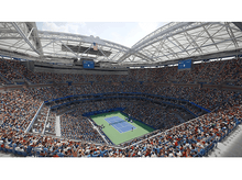 Charger l&#39;image dans la galerie, Un stade de tennis bondé pendant un match. Joueurs sur un court bleu, entourés de spectateurs et d&#39;un grand toit.
