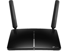 Un routeur TP-Link noir avec deux antennes. Il a des lumières et un design élégant, sur une surface noire.