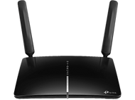 Un routeur TP-Link noir avec deux antennes. Il a des lumières et un design élégant, sur une surface noire.