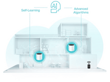 Charger l&#39;image dans la galerie, Un modèle de maison avec signal Wi-Fi et deux enceintes cylindriques blanches à l&#39;intérieur.
