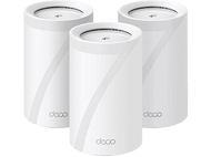 Trois routeurs Wi-Fi maillés cylindriques blancs avec logo deco.