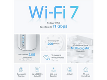 Charger l&#39;image dans la galerie, Diagramme avec du texte sur le Wi-Fi 7, avec un routeur et des icônes illustrant les fonctionnalités.
