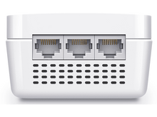 Charger l&#39;image dans la galerie, Vue arrière d&#39;un appareil blanc avec trois ports réseau et des trous de ventilation.
