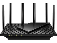 Routeur TP-Link noir avec antennes et témoins lumineux sur fond blanc.