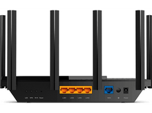 Charger l&#39;image dans la galerie, Routeur noir avec six antennes, quatre ports LAN, un port WAN et un bouton d&#39;alimentation.
