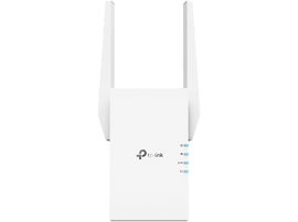 Répéteur Wi-Fi blanc avec deux antennes, logo tp-link et voyants d
