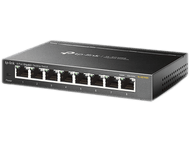 Un commutateur de bureau Gigabit 8 ports TP-Link noir avec huit ports numérotés et un indicateur d'alimentation.