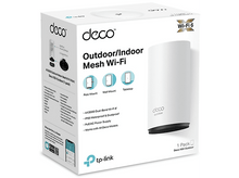 Charger l&#39;image dans la galerie, Une boîte blanche du système Wi-Fi maillé extérieur/intérieur TP-Link Deco Wi-Fi 6 et l&#39;appareil lui-même.

