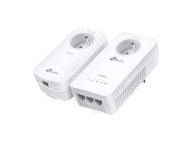 Deux adaptateurs CPL TP-Link blancs. Chacun a une prise, diverses lumières et ports réseau. Le fond est noir.