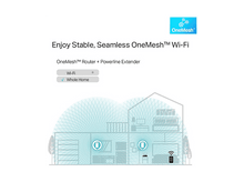 Charger l&#39;image dans la galerie, Illustration d&#39;une maison avec des signaux Wi-Fi. Affiche un routeur et un téléphone, ainsi que le logo OneMesh et du texte sur le Wi-Fi.

