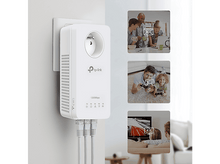 Charger l&#39;image dans la galerie, Répéteur WiFi TP-Link blanc branché au mur. Illustrations montrent l&#39;utilisation d&#39;internet: vidéo, jeux, communication.
