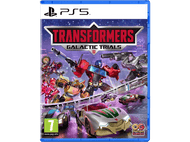 Pochette de jeu PS5 : Transformers Galactic Trials, avec des robots en course et le logo du jeu.