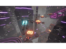 Charger l&#39;image dans la galerie, Une scène de jeu vidéo futuriste avec des véhicules volants parmi des bâtiments et des plateformes éclairés au néon.
