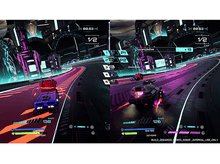 Charger l&#39;image dans la galerie, Écran partagé d&#39;un jeu de course avec deux voitures sur une piste futuriste.
