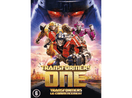 Affiche du film Transformers One avec des robots et un grand visage métallique en arrière-plan.