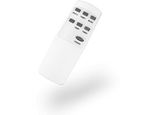 Charger l&#39;image dans la galerie, Télécommande blanche avec boutons vitesse, temp, mode, minuterie, et alimentation. Ombre en dessous.
