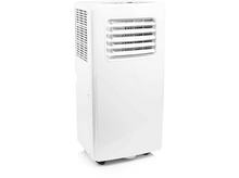 Charger l&#39;image dans la galerie, Climatiseur portable blanc sur fond blanc. Vue latérale. Roues noires visibles.
