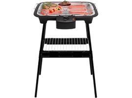 Gril électrique noir avec éléments chauffants rouges, posé sur un support noir.