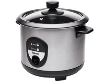 Charger l&#39;image dans la galerie, Un cuiseur à riz Tristar argenté et noir avec un couvercle en verre et un panneau de commande avec des boutons.
