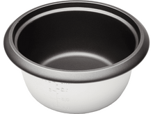 Charger l&#39;image dans la galerie, Un bol de cuiseur à riz blanc et noir vide avec des mesures sur le côté, vu d&#39;en haut.
