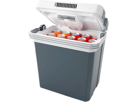 Une glacière grise avec un couvercle blanc. Il y a des canettes à l