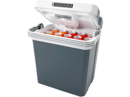 Une glacière grise avec un couvercle blanc. Il y a des canettes à l'intérieur et le couvercle est ouvert.