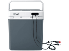 Charger l&#39;image dans la galerie, Une glacière portable grise et blanche avec des cordons d&#39;alimentation et une poignée, sur une surface blanche.
