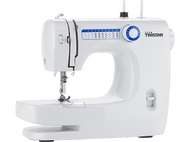 Machine à coudre blanche avec des détails bleus. Commandes et motifs de points visibles.