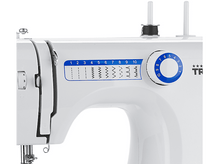 Charger l&#39;image dans la galerie, Gros plan d&#39;une machine à coudre blanche. Un cadran bleu avec des points est visible.
