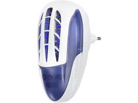 Appareil anti-insectes blanc et bleu avec des lumières internes visibles.